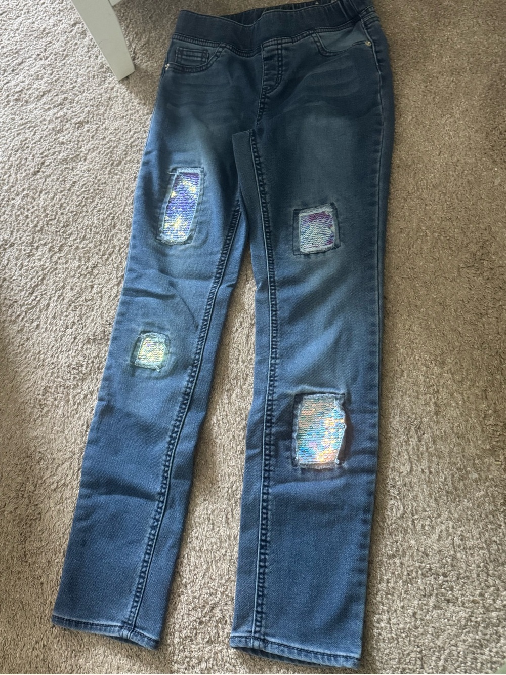Girl’s Justice Blue Sequin Patch Skinny Jeans